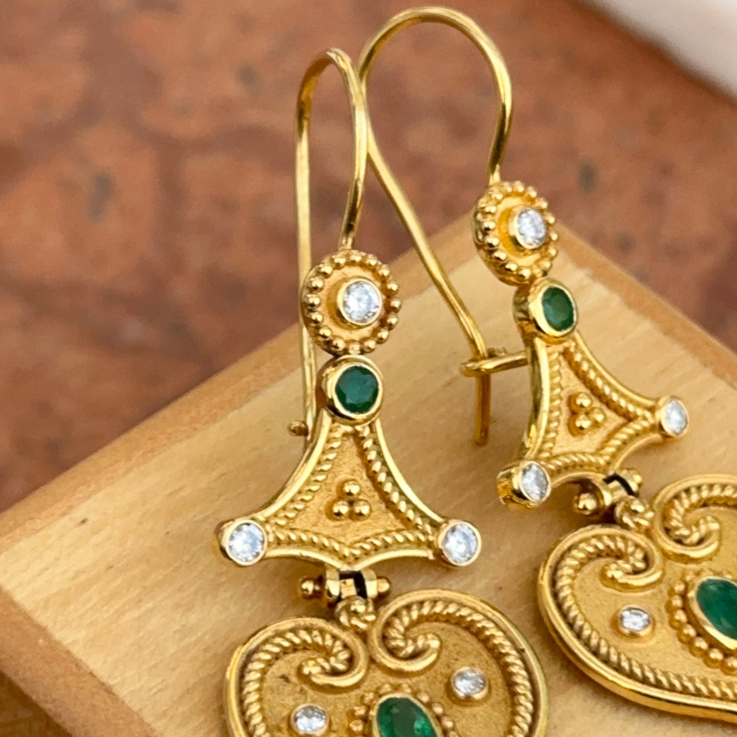 Estate 18KT Yellow Gold Byzantine Emerald + Diamond Dangle Earrings