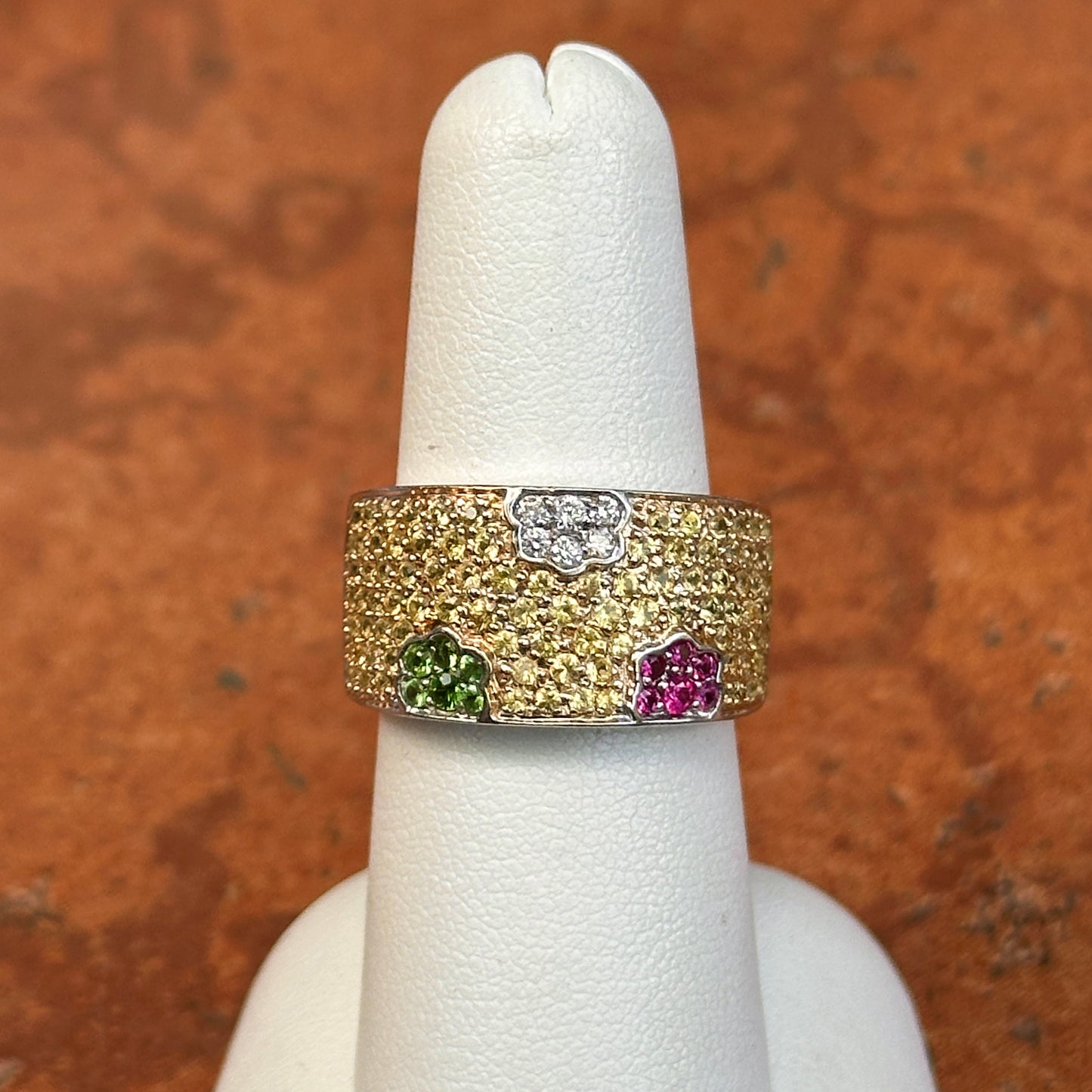 Estate 18KT White Gold Yellow Sapphire, Tsavorite Green Garnet + Ruby Ring - LSJ