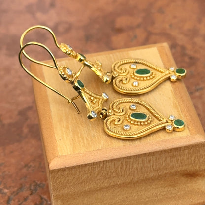 Estate 18KT Yellow Gold Byzantine Emerald + Diamond Dangle Earrings