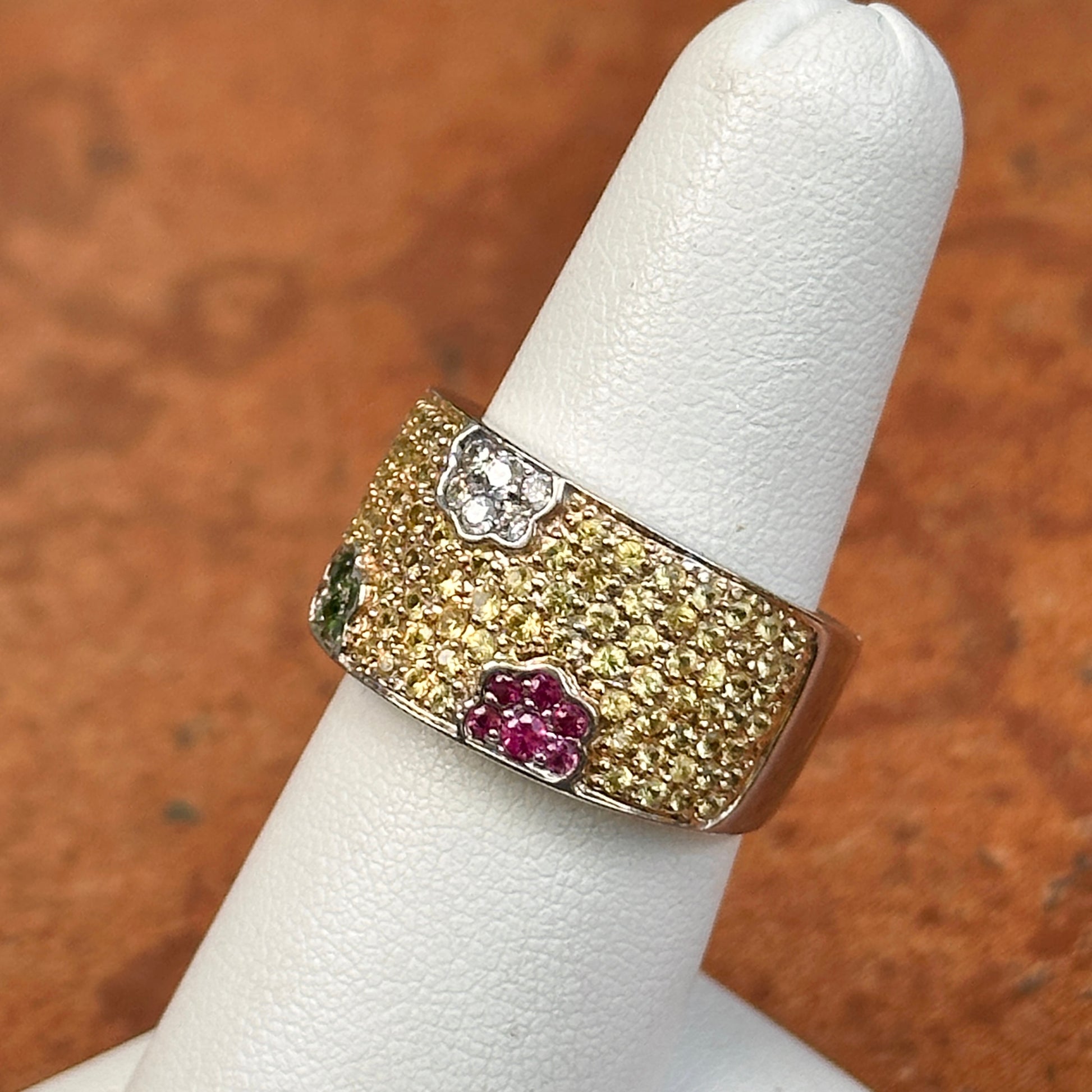 Estate 18KT White Gold Yellow Sapphire, Tsavorite Green Garnet + Ruby Ring - LSJ