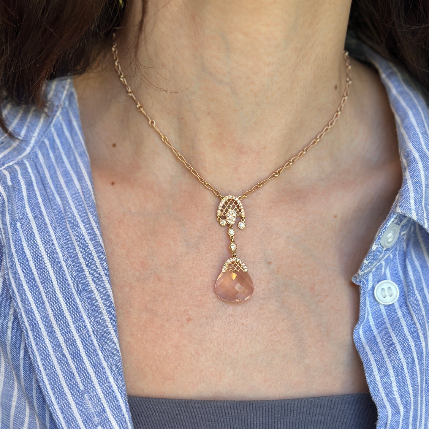 Estate 14KT Rose Gold Rose Quartz + Diamond Twisted Link Lariat Necklace