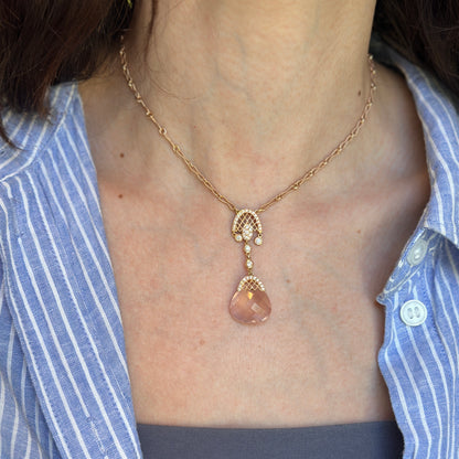 Estate 14KT Rose Gold Rose Quartz + Diamond Twisted Link Lariat Necklace
