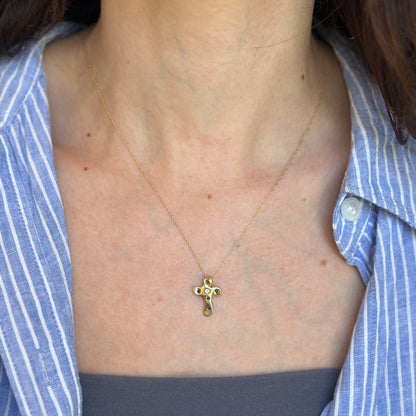 Estate 14KT Yellow Gold Sapphire + Diamond Cross Slide Necklace