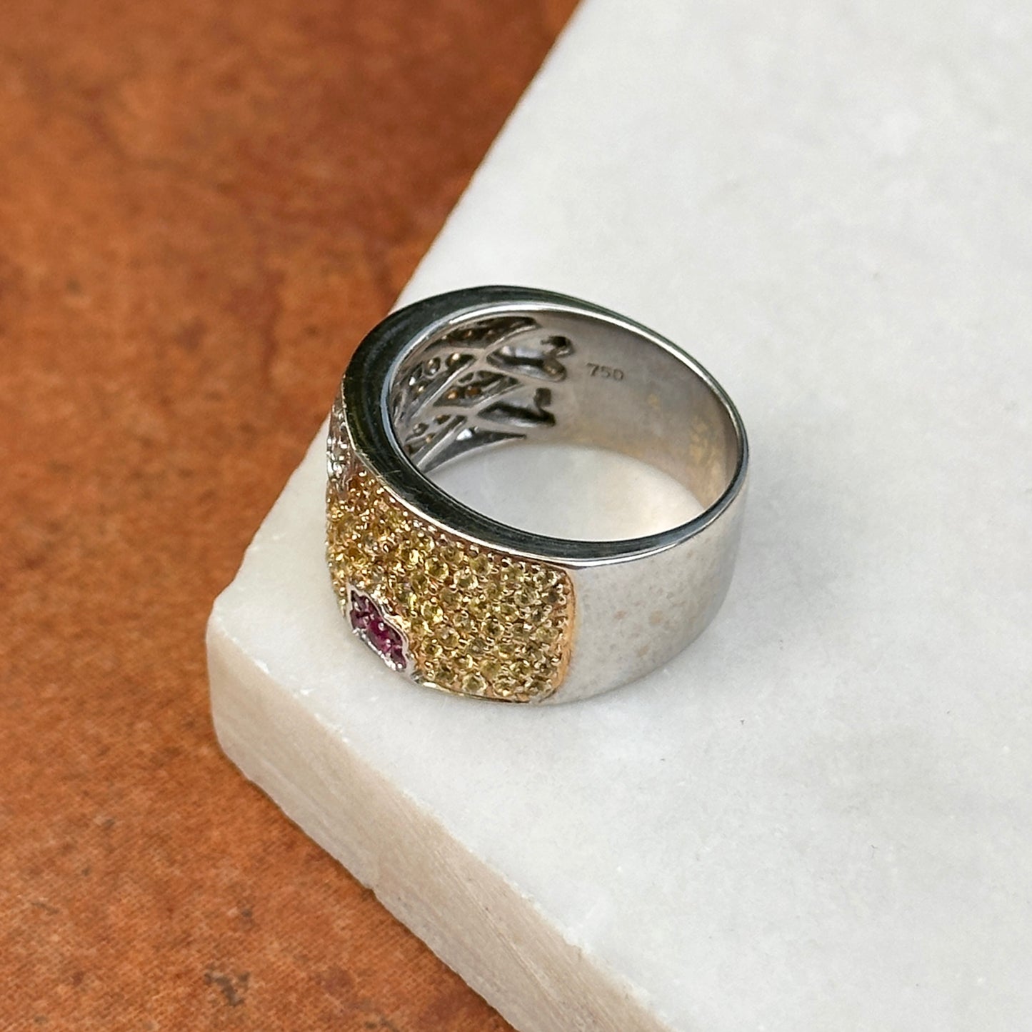 Estate 18KT White Gold Yellow Sapphire, Tsavorite Green Garnet + Ruby Ring - LSJ