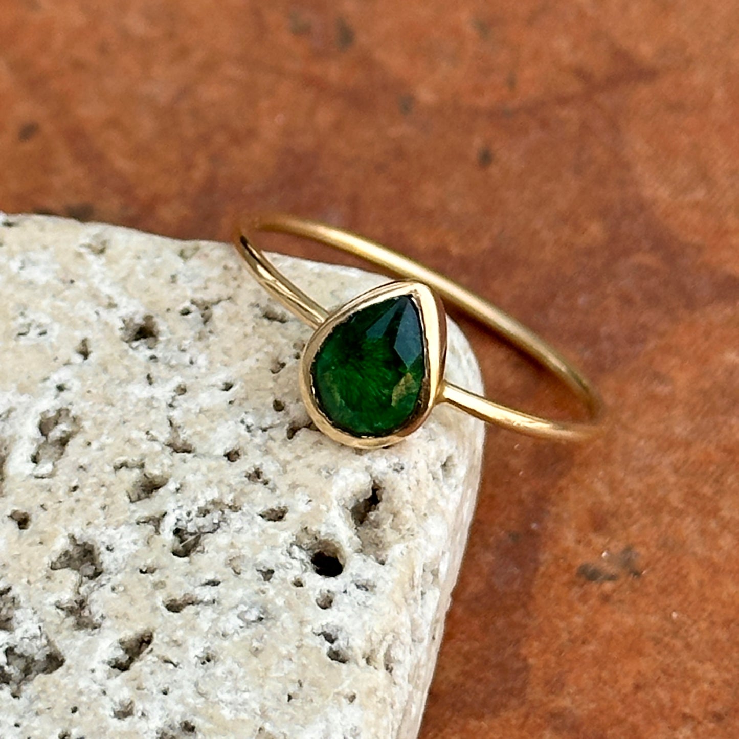 14KT Yellow Gold .65 CT Pear Emerald Bezel Ring