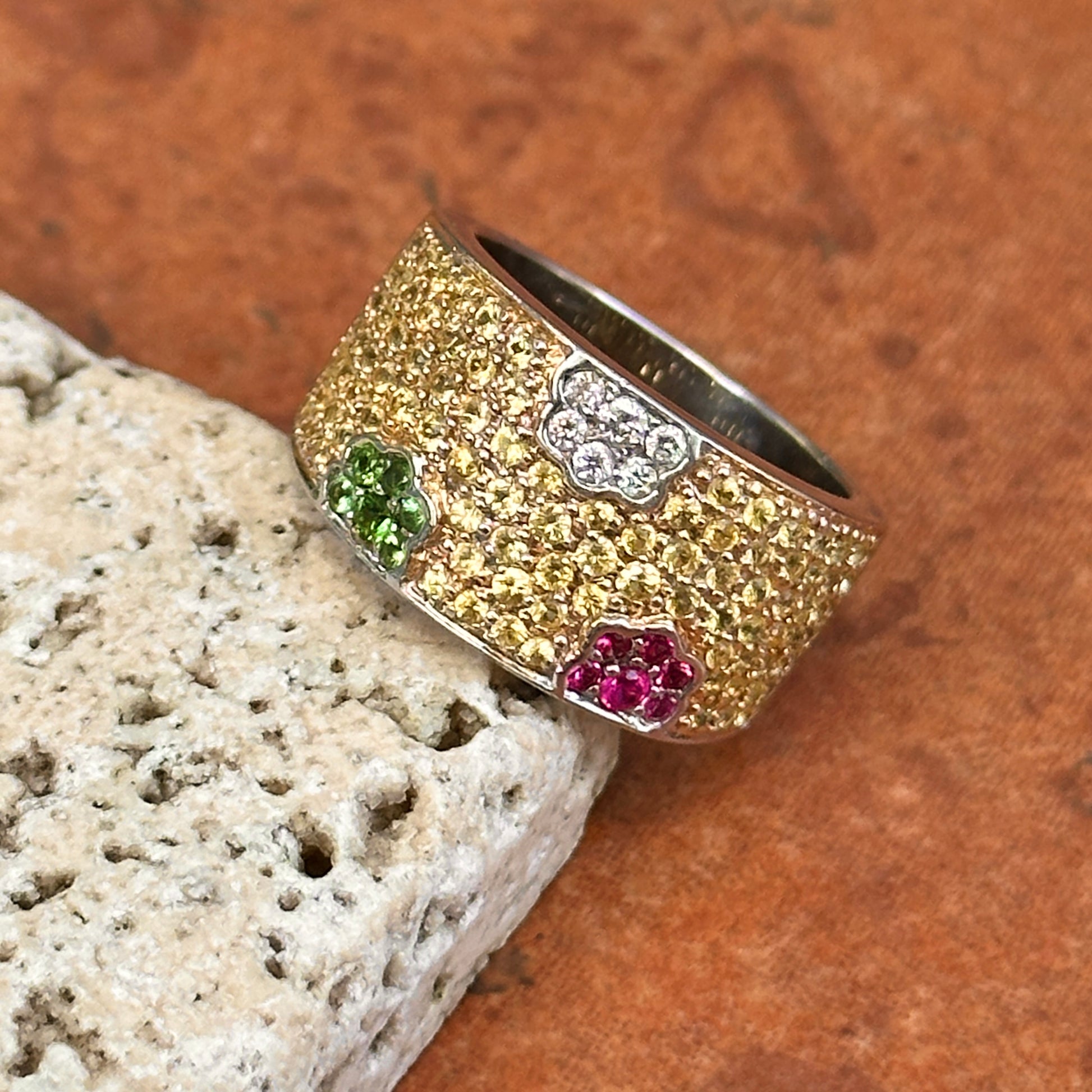 Estate 18KT White Gold Yellow Sapphire, Tsavorite Green Garnet + Ruby Ring - LSJ