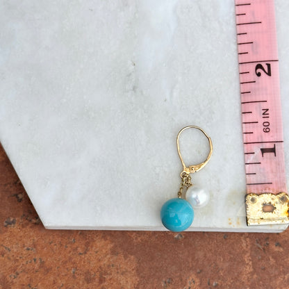 14KT Yellow Gold Sleeping Beauty Turquoise + Pearl Lever Back Earrings