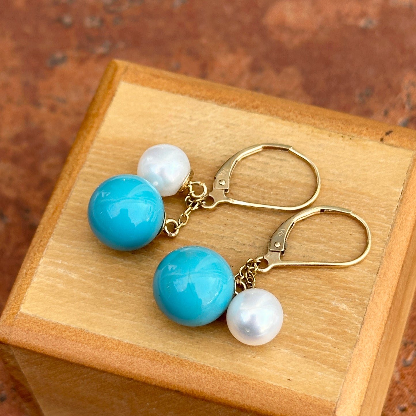 14KT Yellow Gold Sleeping Beauty Turquoise + Pearl Lever Back Earrings