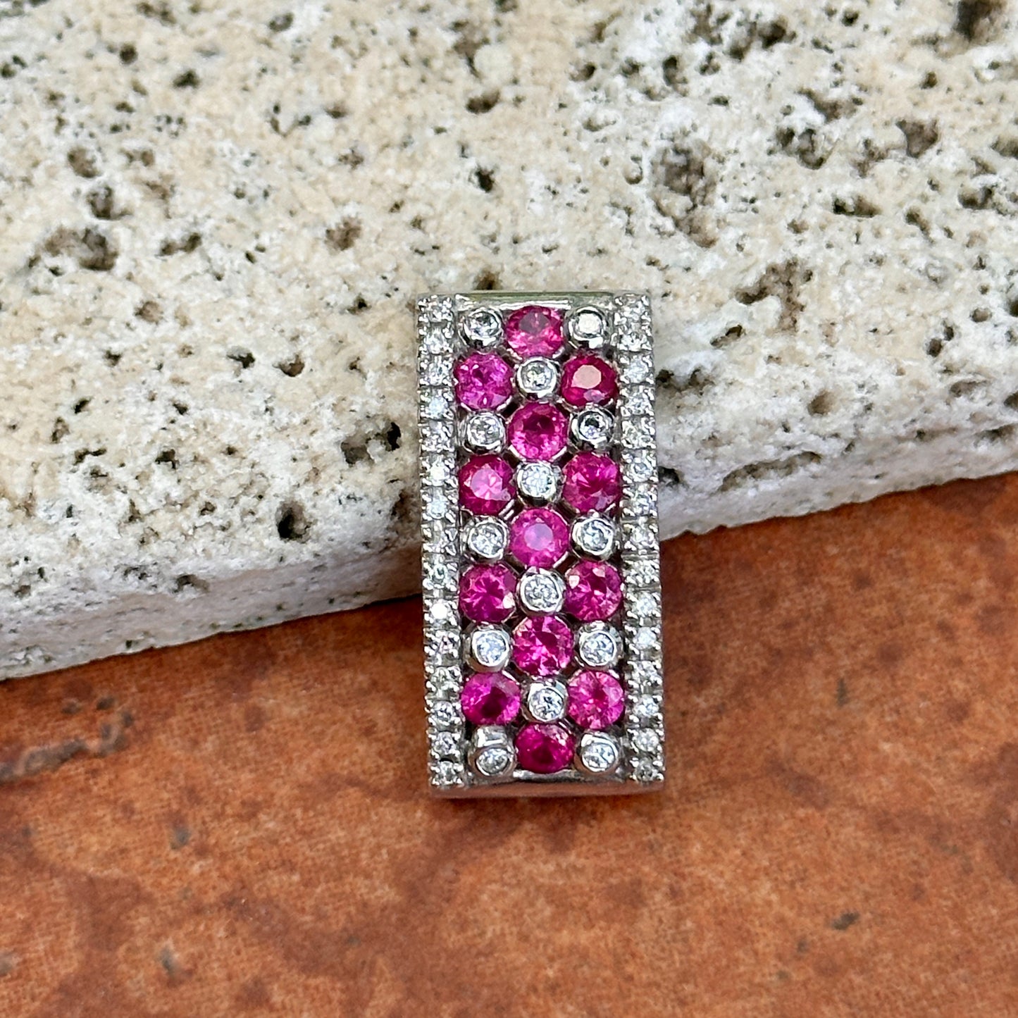 Estate 14KT White Gold Ruby + Diamond Rectangle Pendant Slide