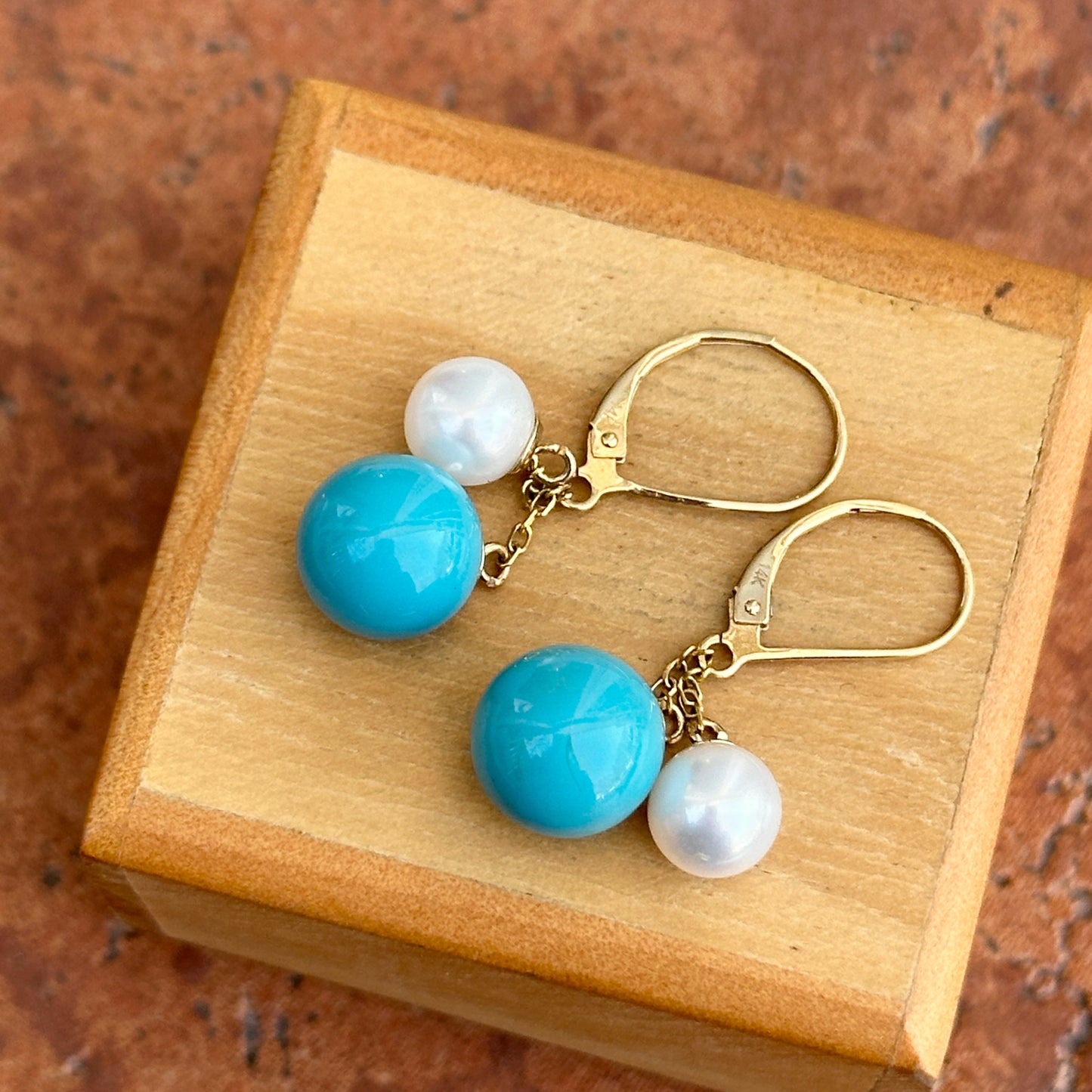 14KT Yellow Gold Sleeping Beauty Turquoise + Pearl Lever Back Earrings