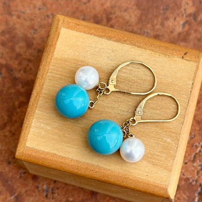 14KT Yellow Gold Sleeping Beauty Turquoise + Pearl Lever Back Earrings