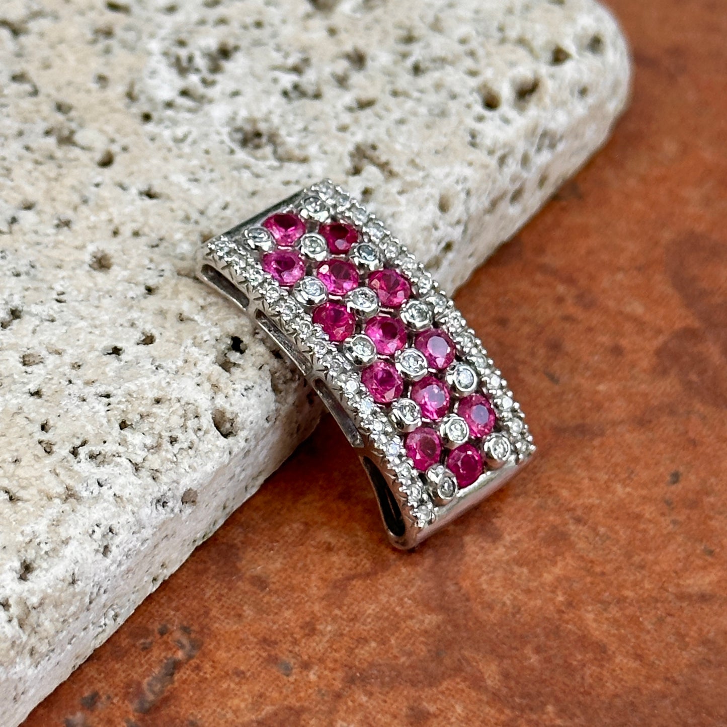 Estate 14KT White Gold Ruby + Diamond Rectangle Pendant Slide