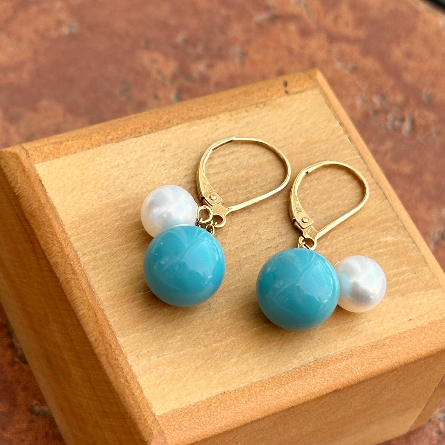 14KT Yellow Gold Sleeping Beauty Turquoise + Pearl Lever Back Earrings