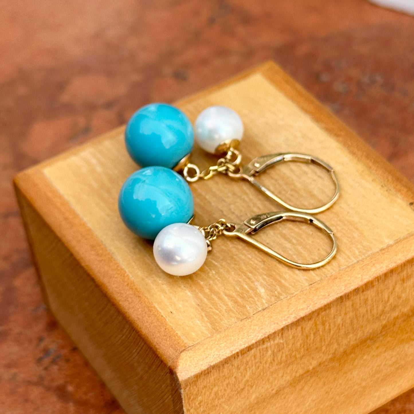14KT Yellow Gold Sleeping Beauty Turquoise + Pearl Lever Back Earrings