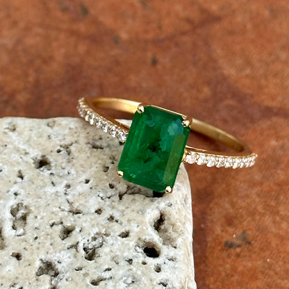 Estate 14KT Yellow Gold Emerald-Cut Emerald + Diamond Band Ring