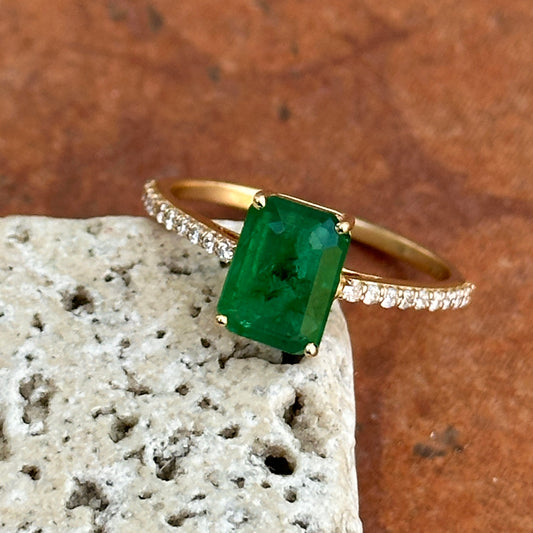 Estate 14KT Yellow Gold Emerald-Cut Emerald + Diamond Band Ring