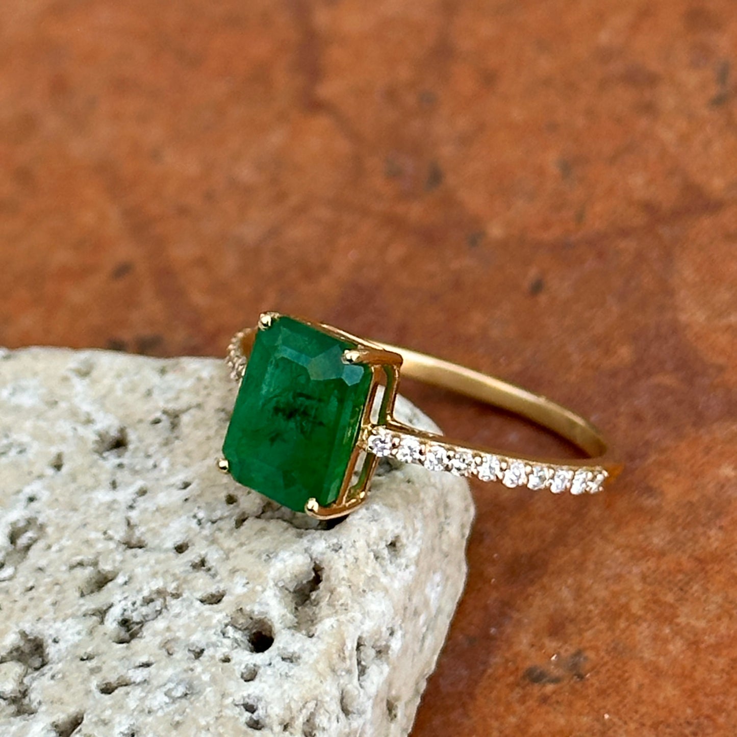 Estate 14KT Yellow Gold Emerald-Cut Emerald + Diamond Band Ring