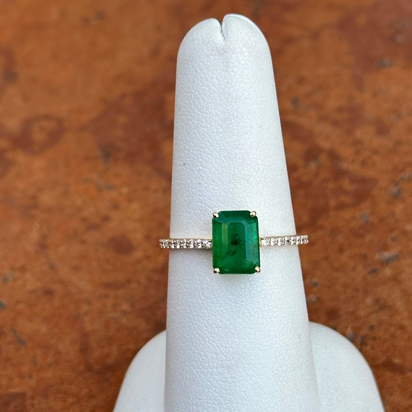 Estate 14KT Yellow Gold Emerald-Cut Emerald + Diamond Band Ring