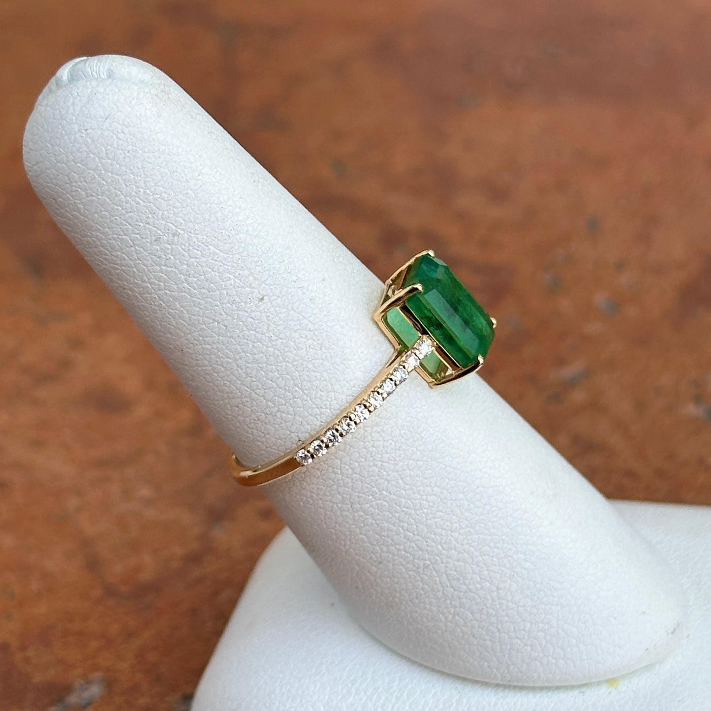 Estate 14KT Yellow Gold Emerald-Cut Emerald + Diamond Band Ring