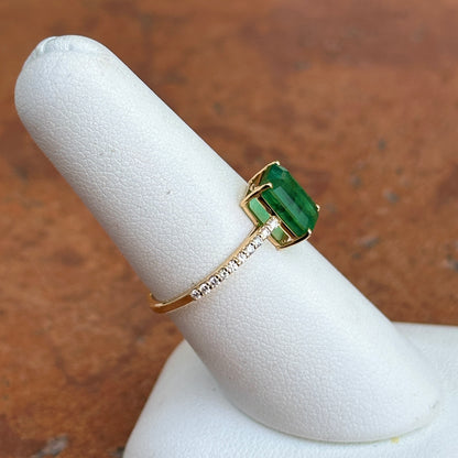 Estate 14KT Yellow Gold Emerald-Cut Emerald + Diamond Band Ring