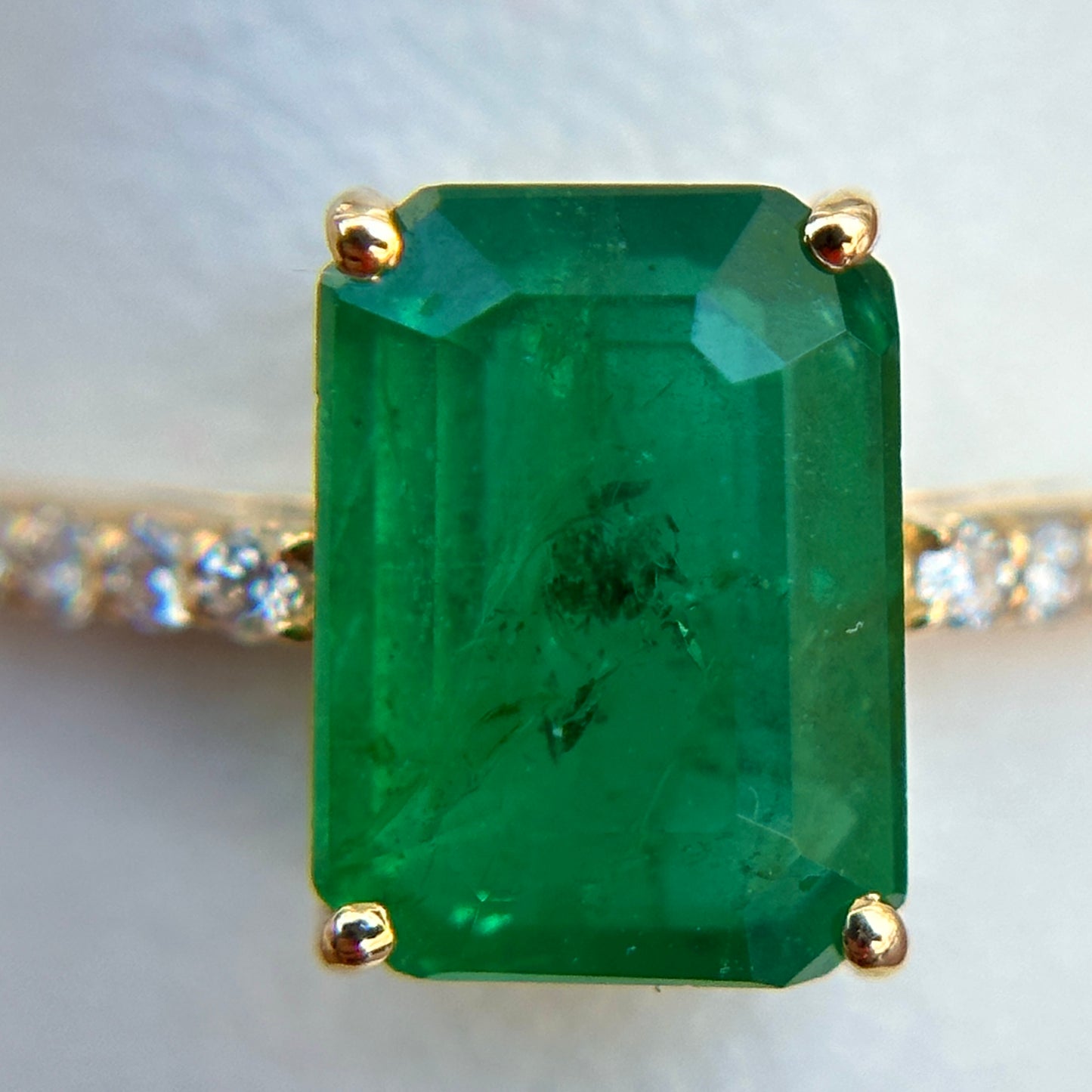 Estate 14KT Yellow Gold Emerald-Cut Emerald + Diamond Band Ring