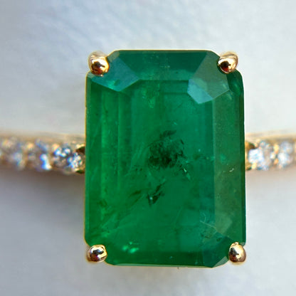 Estate 14KT Yellow Gold Emerald-Cut Emerald + Diamond Band Ring