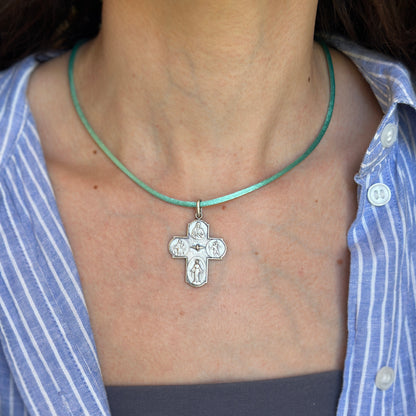 Sterling Silver Matte Four Way Cross Medal Cruciform Pendant 37mm