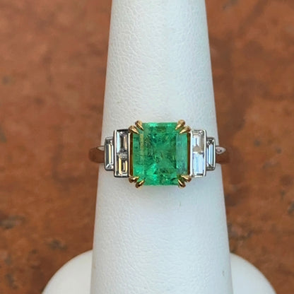 Estate 18KT White + Yellow Gold Emerald-Cut Emerald + Diamond Ring