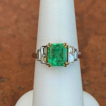 Estate 18KT White + Yellow Gold Emerald-Cut Emerald + Diamond Ring