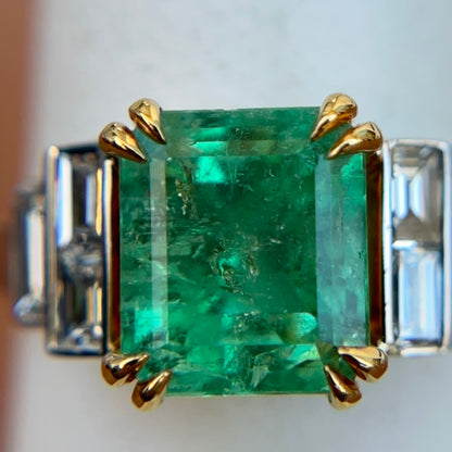 Estate 18KT White + Yellow Gold Emerald-Cut Emerald + Diamond Ring