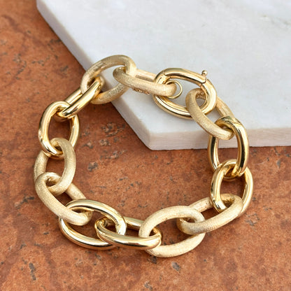 14KT Yellow Gold Alternating Matte + Polished Oval Links Bracelet