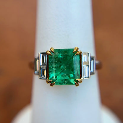 Estate 18KT White + Yellow Gold Emerald-Cut Emerald + Diamond Ring