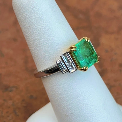 Estate 18KT White + Yellow Gold Emerald-Cut Emerald + Diamond Ring