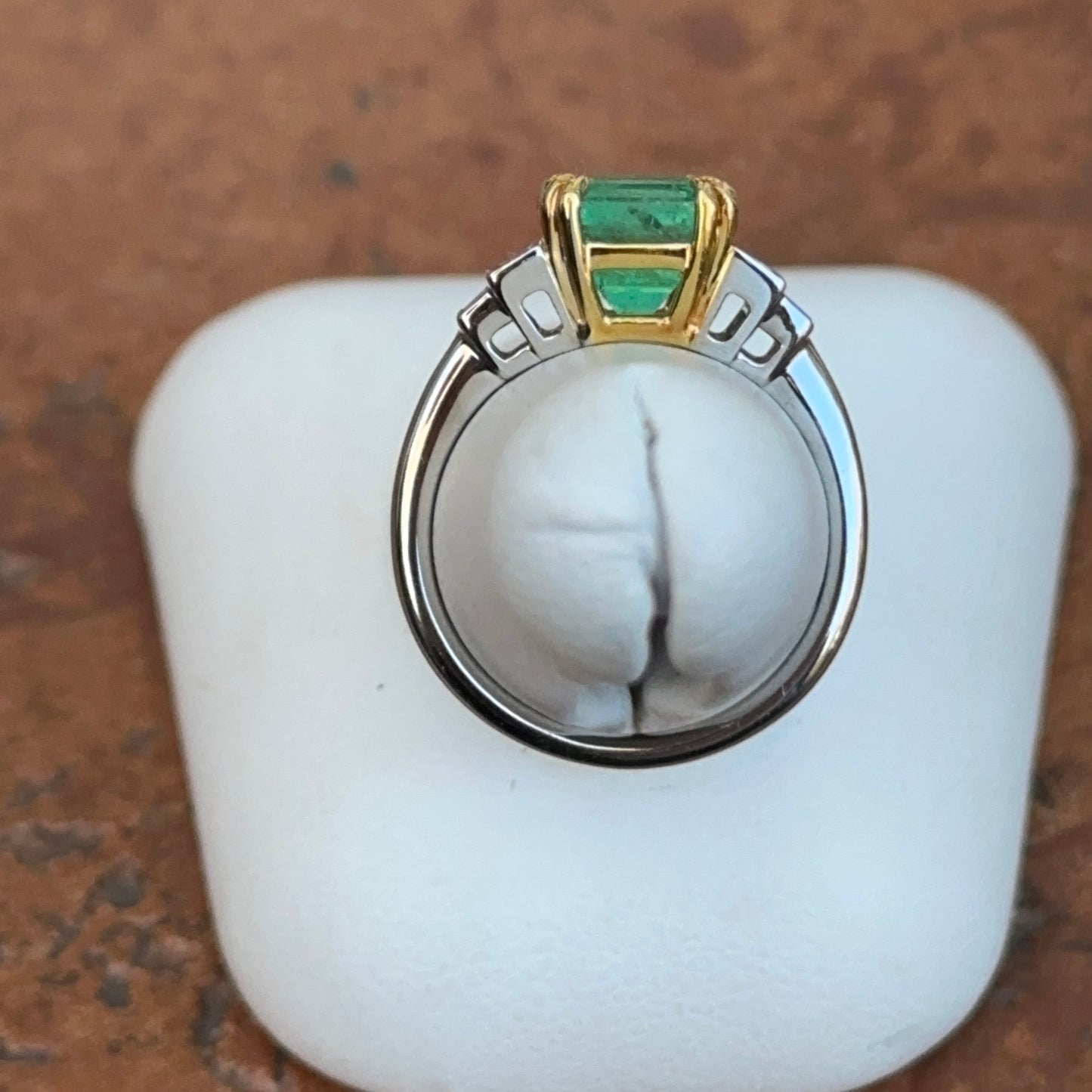 Estate 18KT White + Yellow Gold Emerald-Cut Emerald + Diamond Ring