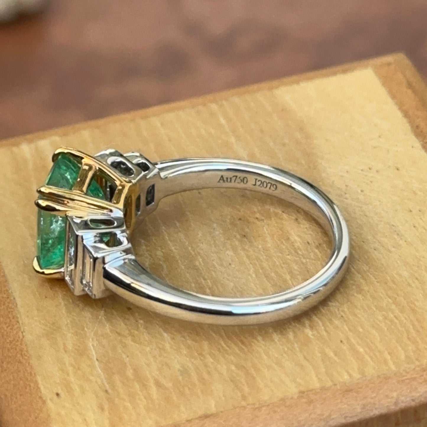 Estate 18KT White + Yellow Gold Emerald-Cut Emerald + Diamond Ring