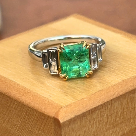 Estate 18KT White + Yellow Gold Emerald-Cut Emerald + Diamond Ring