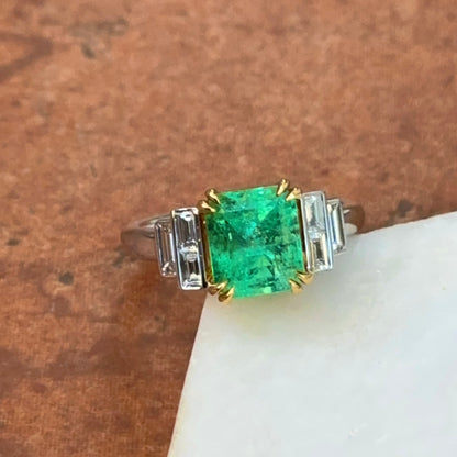 Estate 18KT White + Yellow Gold Emerald-Cut Emerald + Diamond Ring