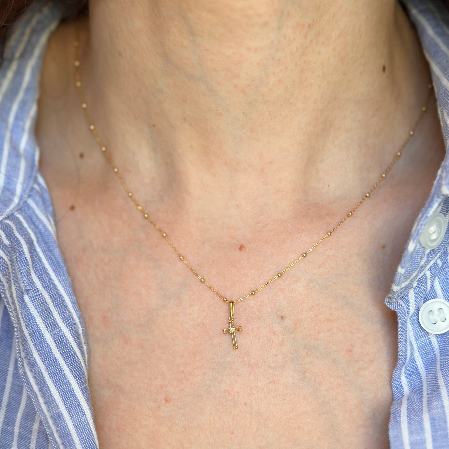 14KT Yellow Gold Mini CZ Stone Cross Pendant Charm