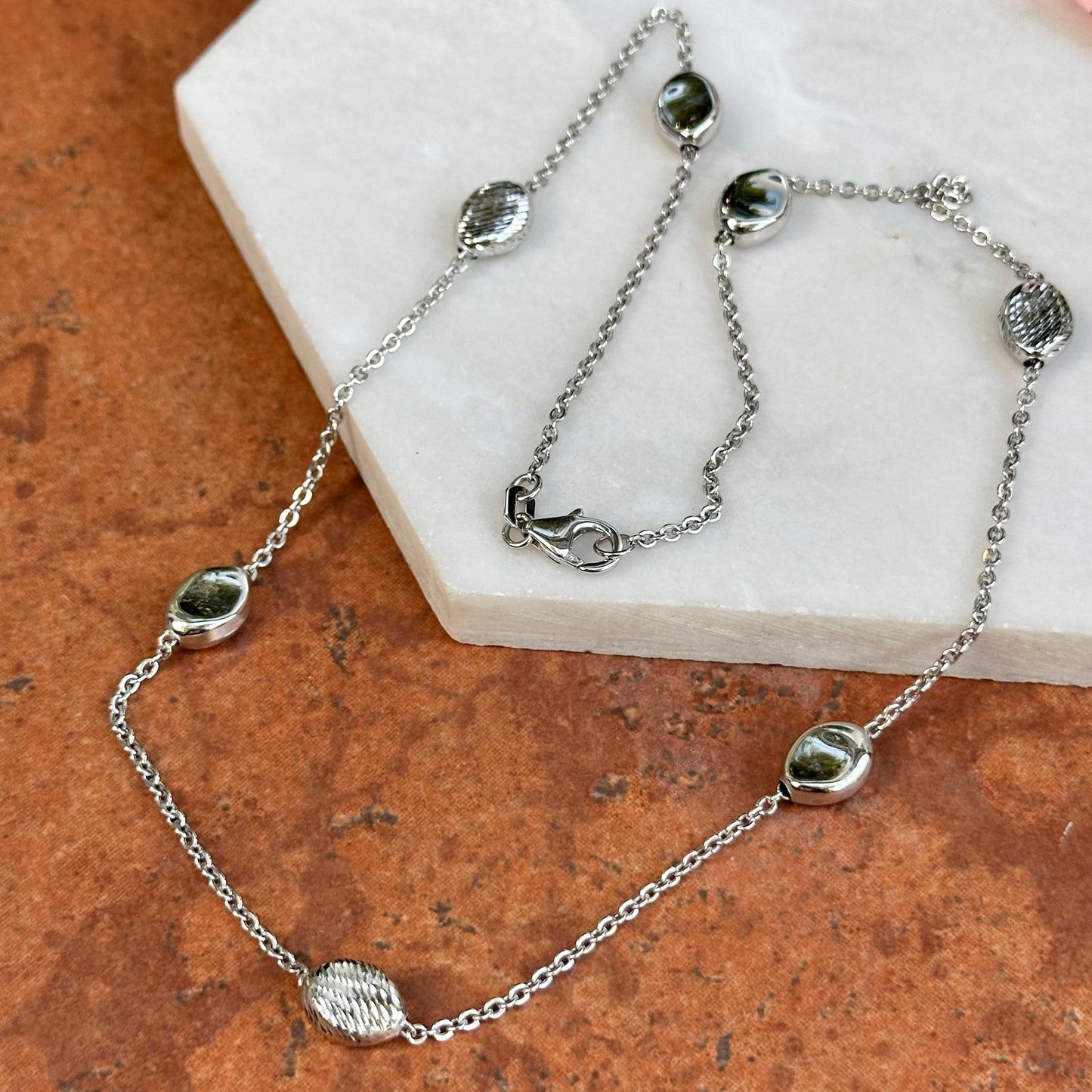 14KT White Gold Rolo + Puffed Station Oval Bead Necklace 18"