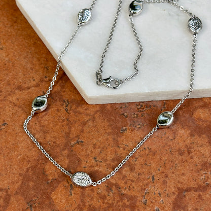 14KT White Gold Rolo + Puffed Station Oval Bead Necklace 18"