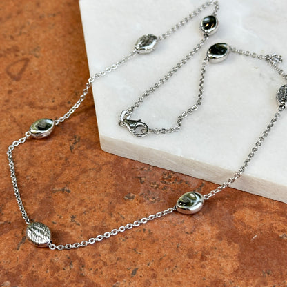 14KT White Gold Rolo + Puffed Station Oval Bead Necklace 18"