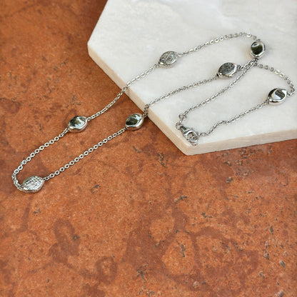 14KT White Gold Rolo + Puffed Station Oval Bead Necklace 18"
