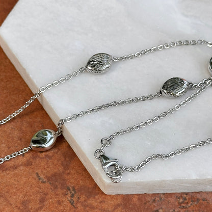 14KT White Gold Rolo + Puffed Station Oval Bead Necklace 18"