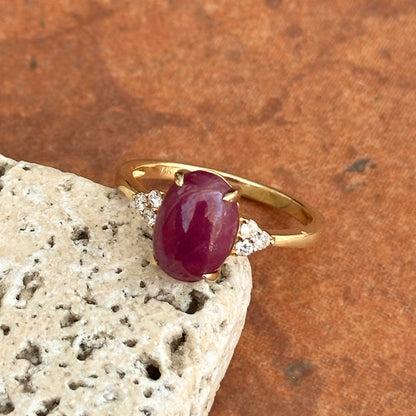 Estate 14KT Yellow Gold Oval Cabochon Ruby + Diamond Ring