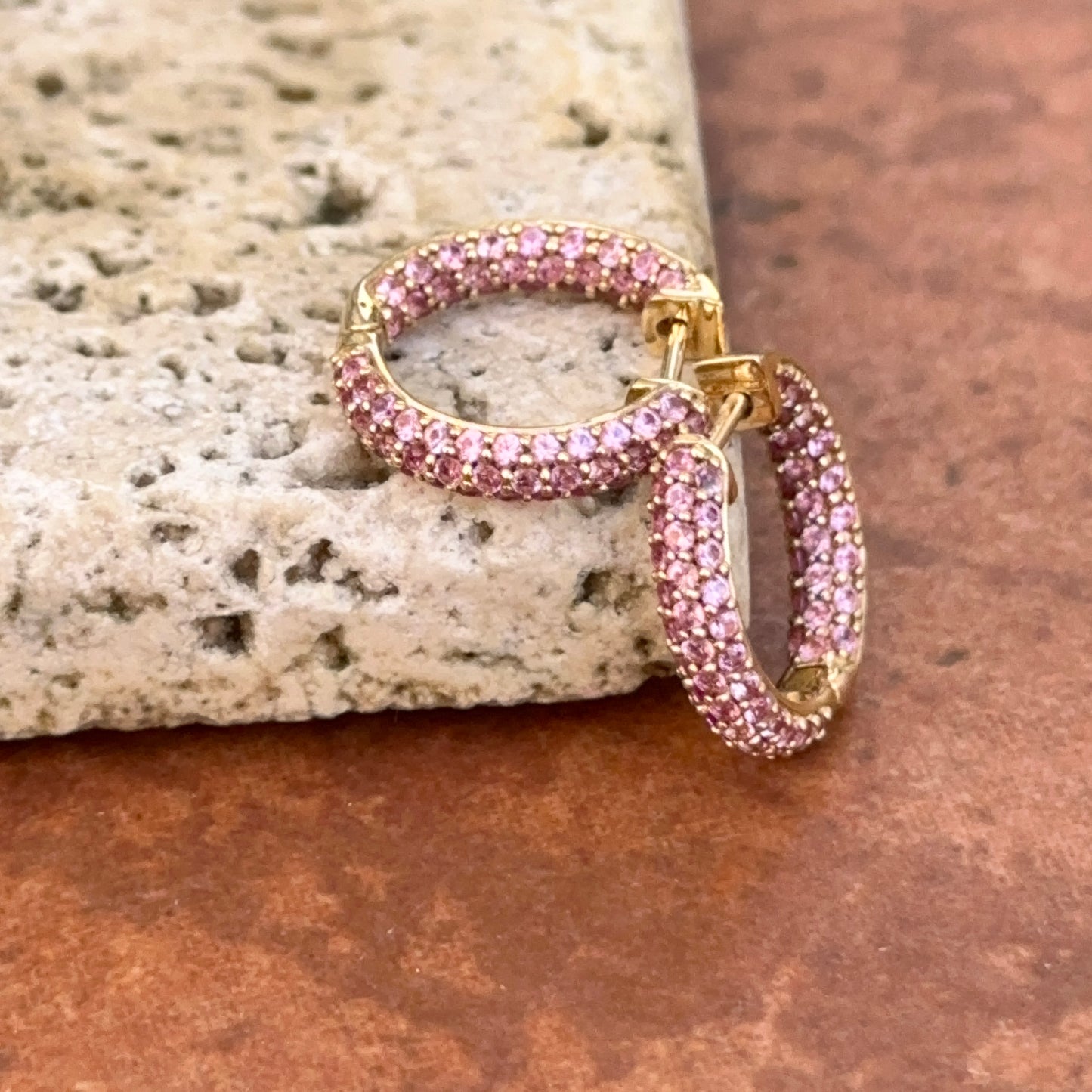 Estate 18KT Yellow Gold Pave Pink Sapphire Huggie Hoop Earrings