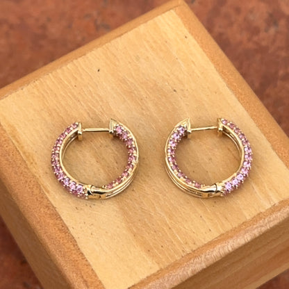 Estate 18KT Yellow Gold Pave Pink Sapphire Huggie Hoop Earrings