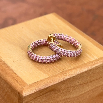 Estate 18KT Yellow Gold Pave Pink Sapphire Huggie Hoop Earrings