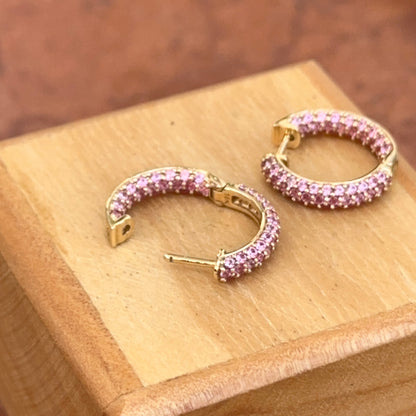 Estate 18KT Yellow Gold Pave Pink Sapphire Huggie Hoop Earrings
