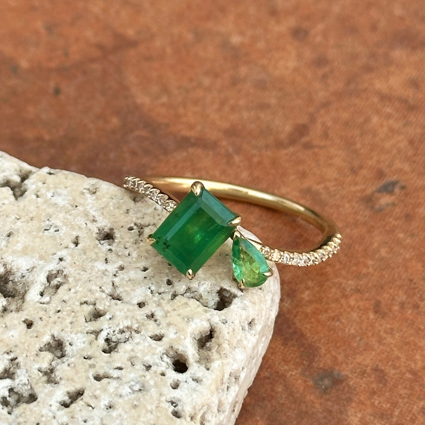 14KT Yellow Gold Pear + Emerald-Cut Emerald Ring