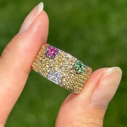 Estate 18KT White Gold Yellow Sapphire, Tsavorite Green Garnet + Ruby Ring - LSJ